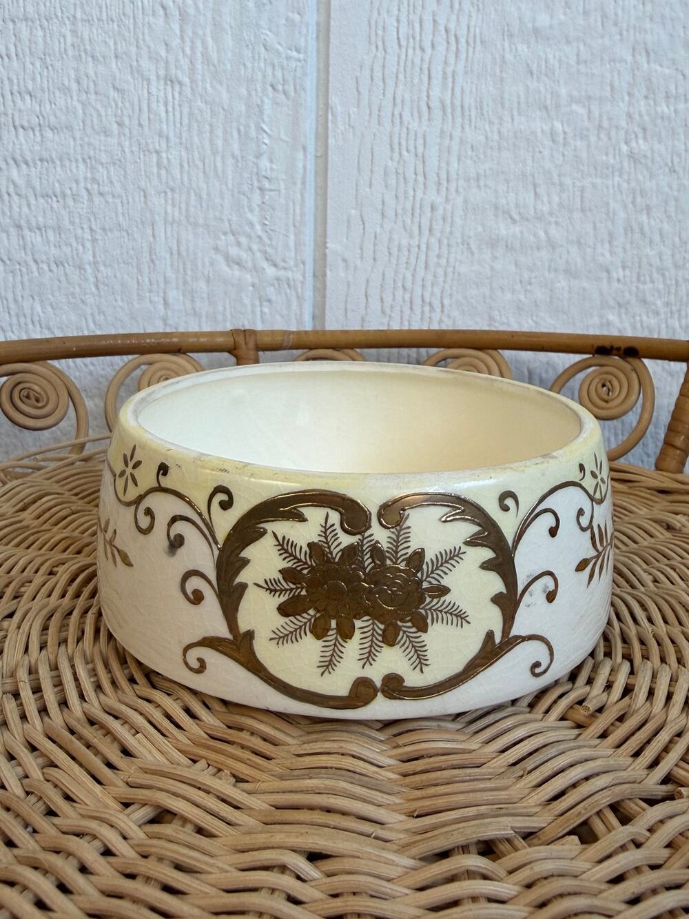 Vintage Hand Painted Japan Ceramic Bowl Brown Floral Scroll Cottage Decor